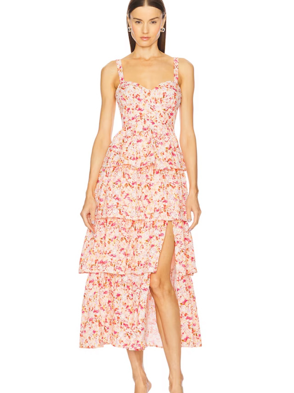 Astr the Label Midsummer Floral Pink Tiered Maxi Dress with Sweetheart Neckline